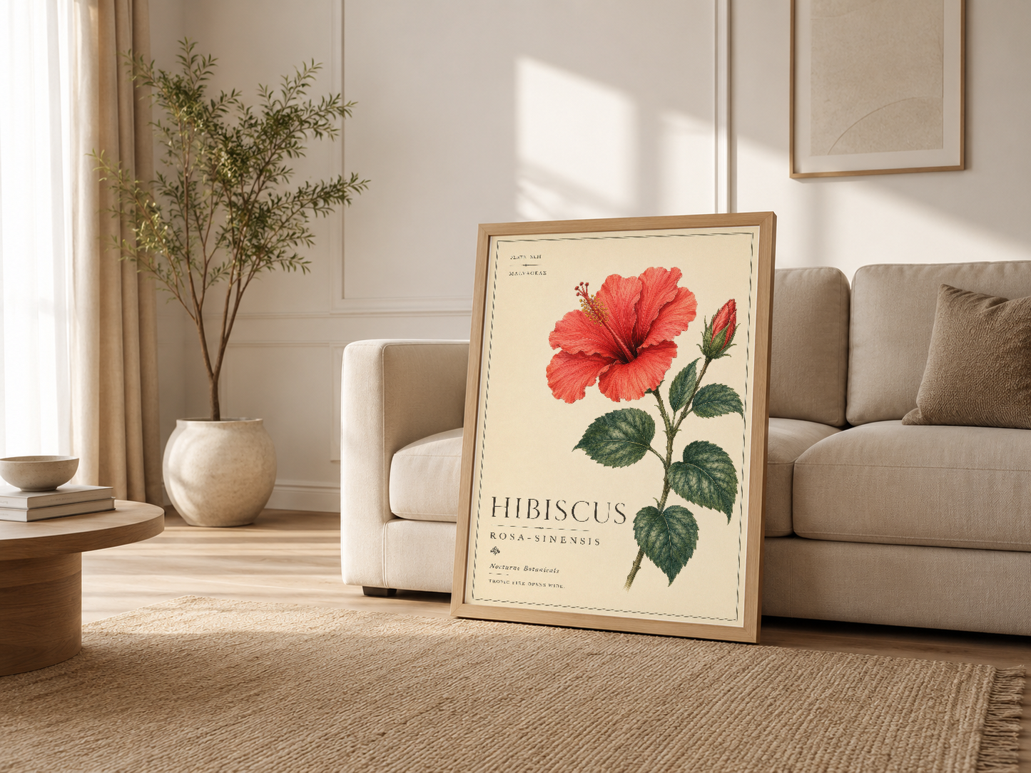Rahat oturma odasında doğal çerçeveli kırmızı hibiskus poster, nötr renkli iç dekorasyon.