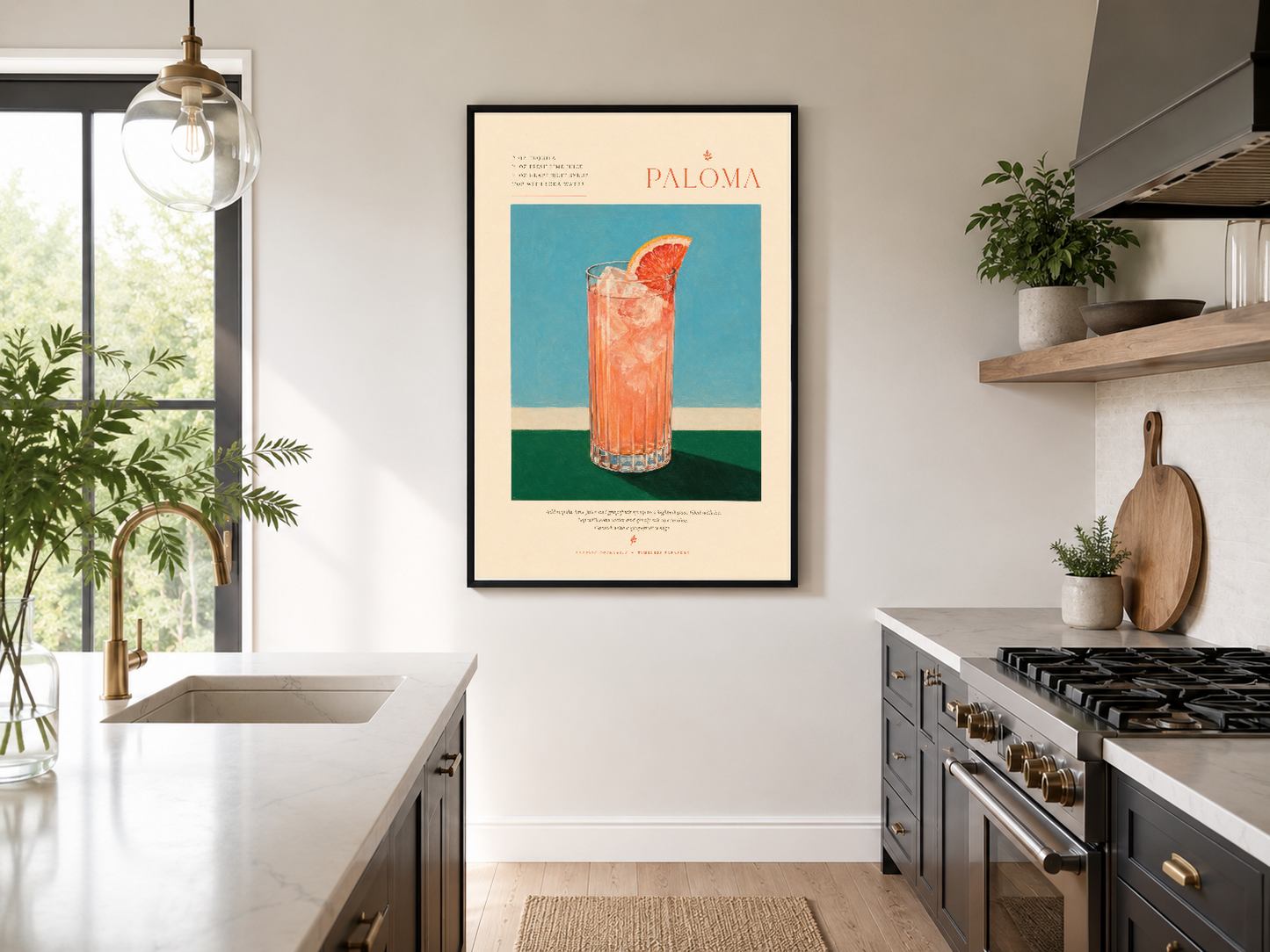 Siyah çerçeveli Paloma posteri, modern şef mutfağında gözlemlenen vintage kokteyl tablosu, tasarım odaklı iç mekan