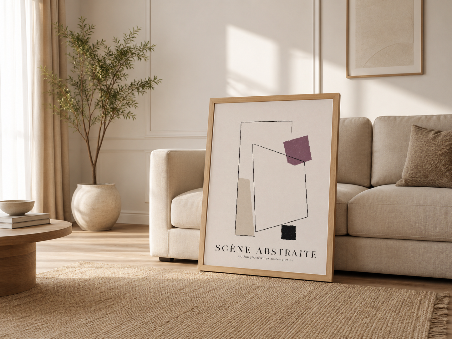 Modern oturma odasında, kanepesinin yanında ahşap çerçeveli minimalist sanat tablosu.