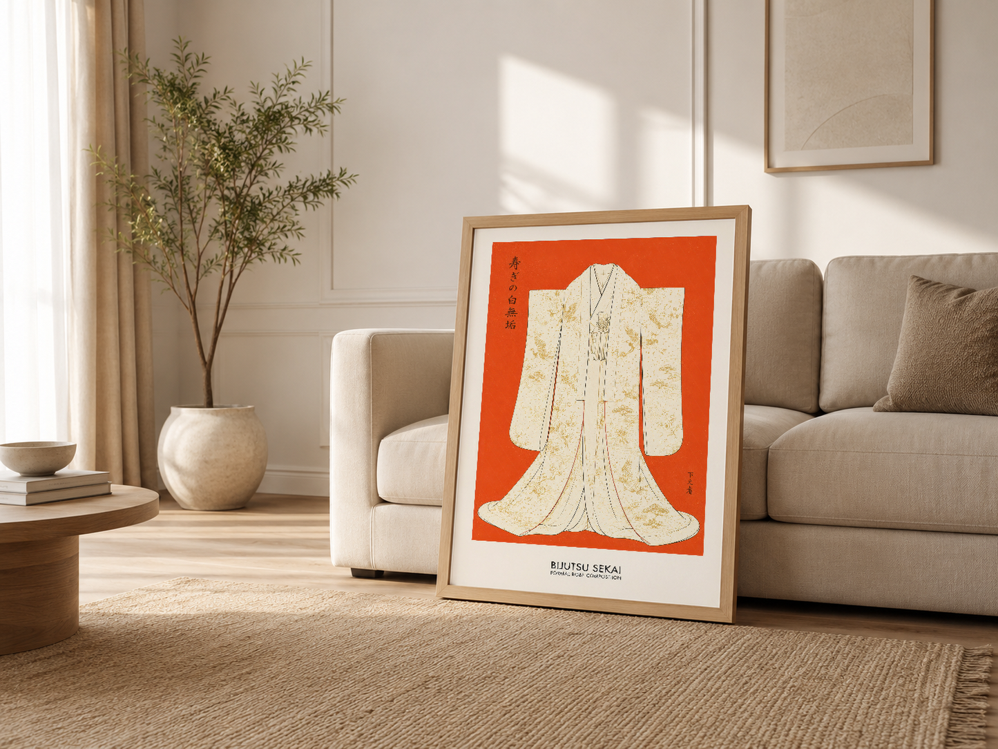 Aydınlık oturma odasında ahşap çerçeveli sanat tablosu, Japon kimono tasarımı, nötr dekor, modern ve geleneksel stilin