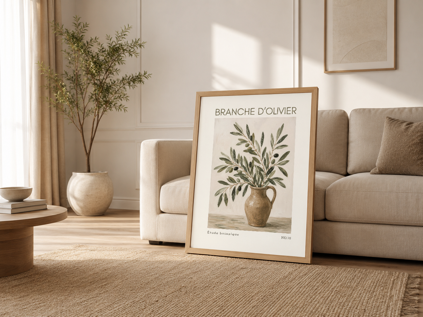 Beige oturma odasında ahşap çerçekli zeytinağacı sanat eseri, doğal dekorasyonu tamamlıyor