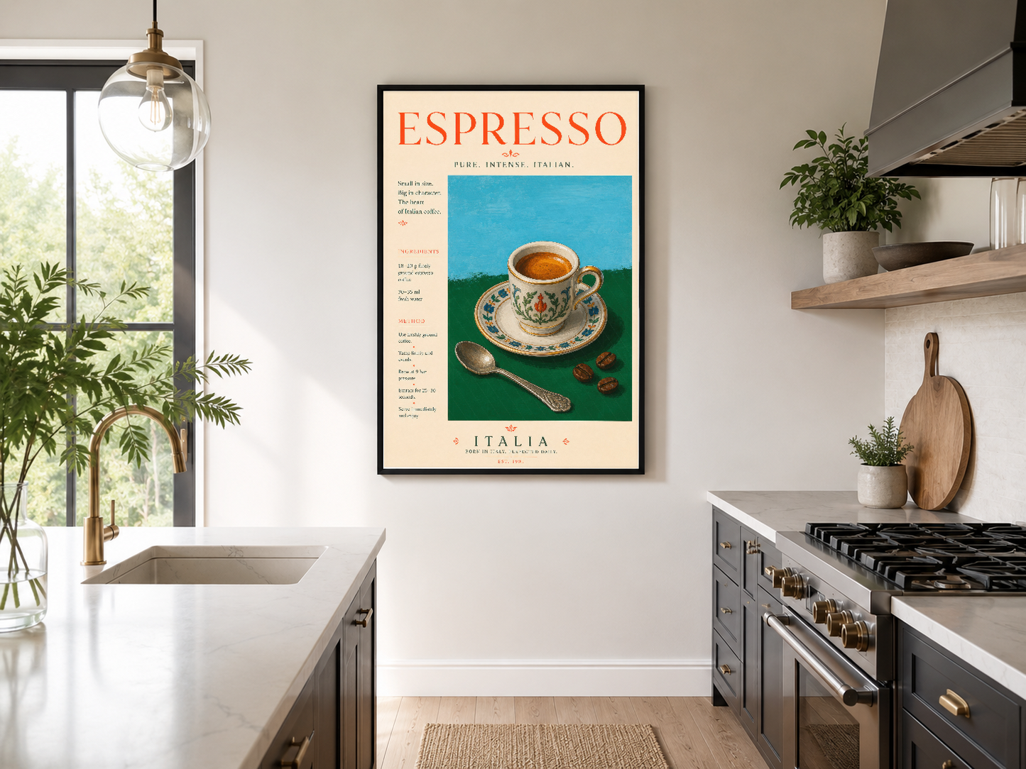 Modern mutfakta siyah çerçeveli espresso posteri, konvansiyonel tasarımla karşılaştırıldığında sofistike bir görünüm.