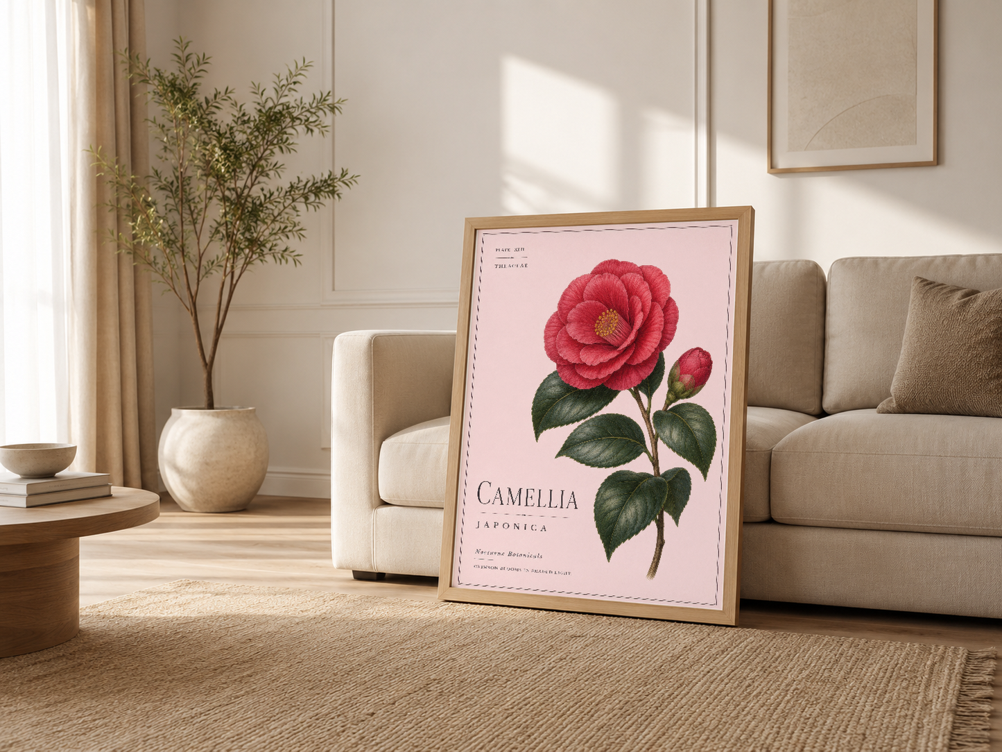 Modern oturma odasında, kanepenin yanında ahşap çerçeveli Camellia Japonica sanat baskısı gösterişli durmuş.