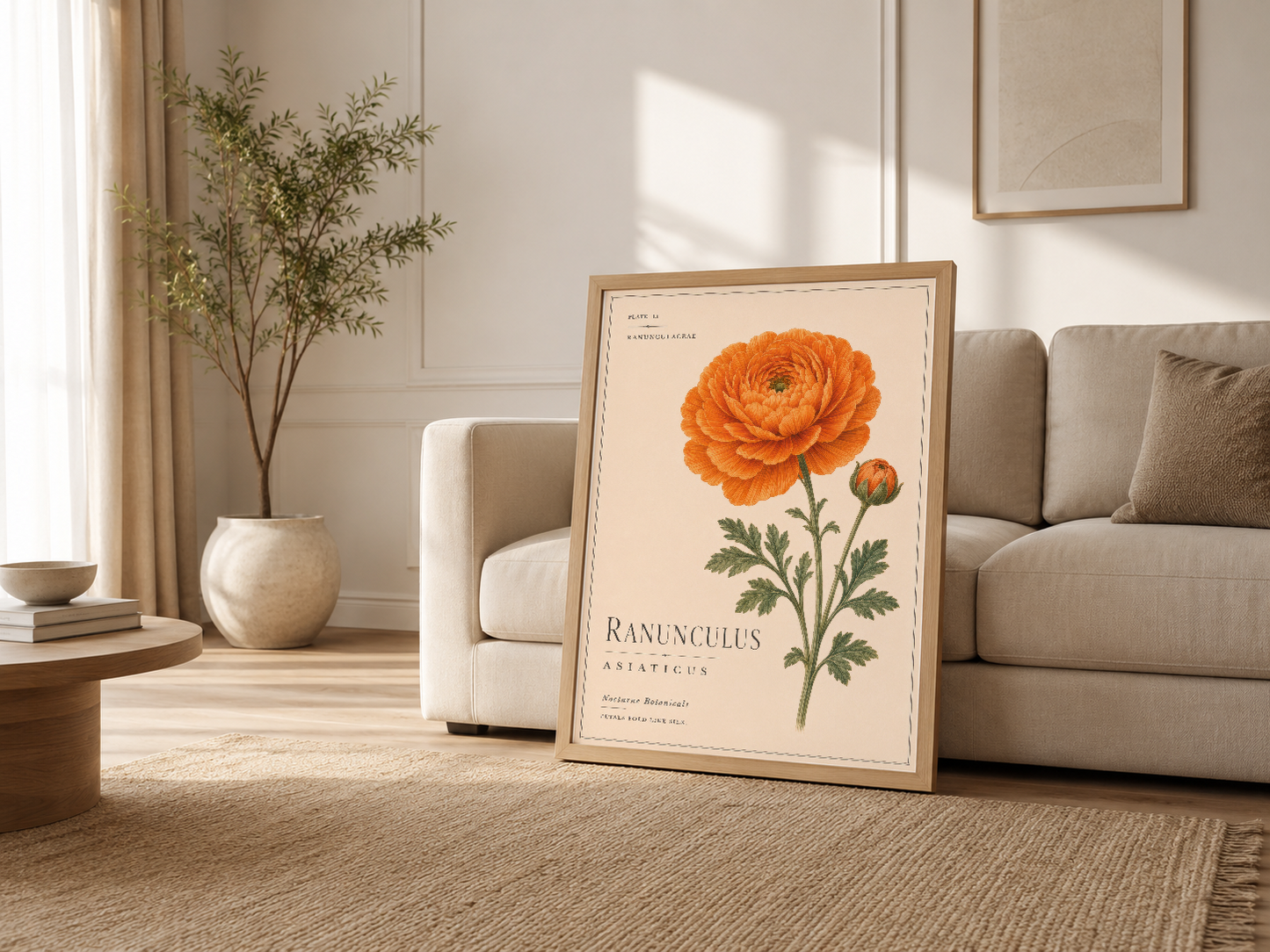 Açık renkli oturma odasında, kanepenin yanında turuncu Ranunculus botanik poster dekorasyonu.