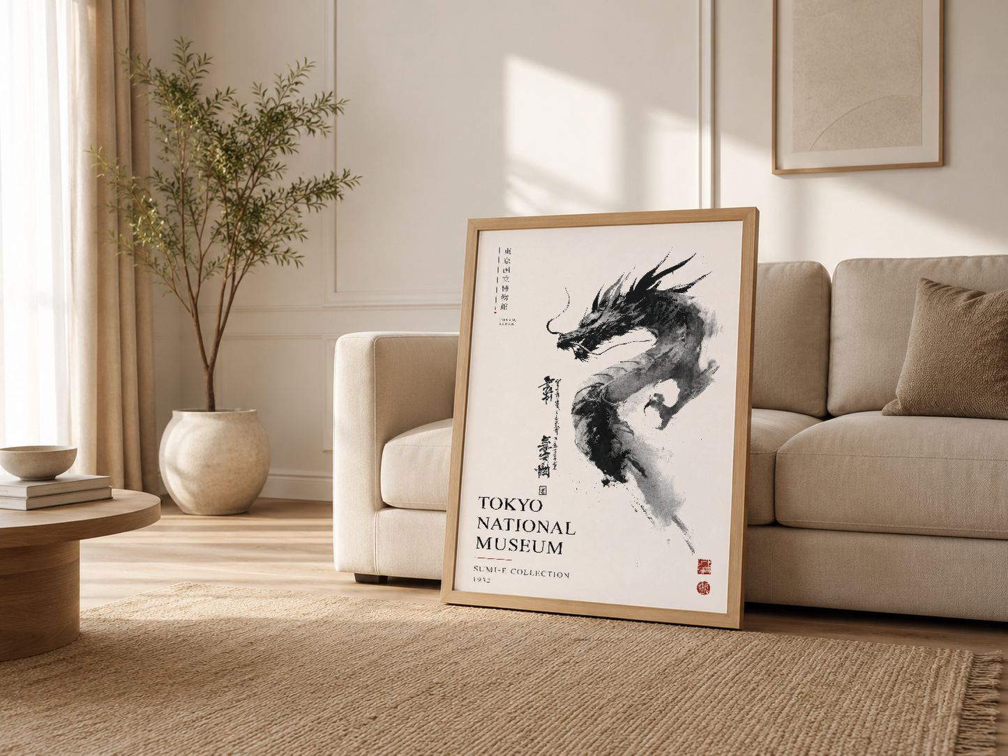 Modern oturma odasında, ahşap çerçeveli Tokyo Müzesi ejderha koleksiyonu baskısı.