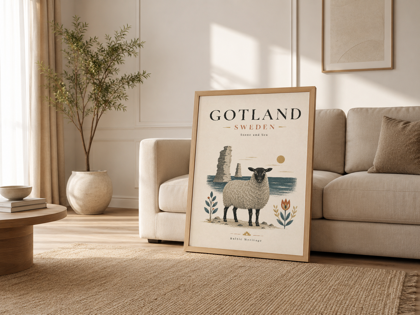 Modern oturma odasında ahşap çerçeveli Gotland tablosu, kanepenin yanında dekoratif şekilde konumlanmış.