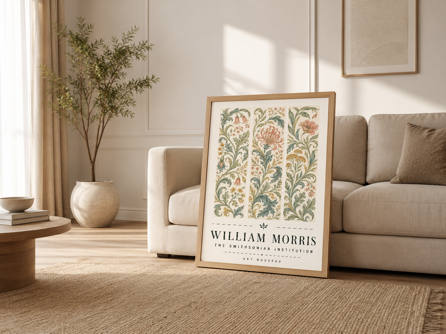 Aydınlık oturma odasında kanepenin yanında, ahşap çerçeveli William Morris botanik sanat tablosu.