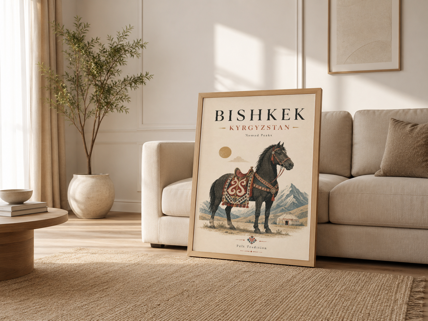 Salon köşesinde ahşap çerçeveli Bishkek tablosu, kanepenin yanında etnik sanat aksesuar.