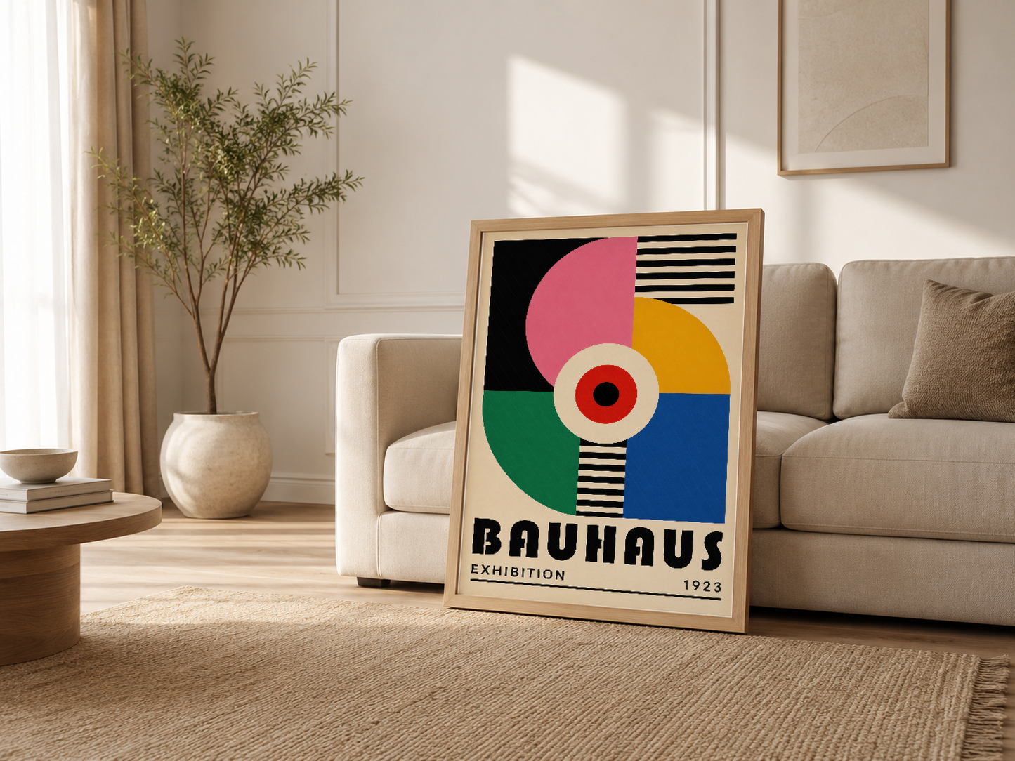 Krem renkli oturma odasında kanepenin yanında duran çerçeveli Bauhaus afişi, ışığın oynadığı şık mekan dekorasyonu