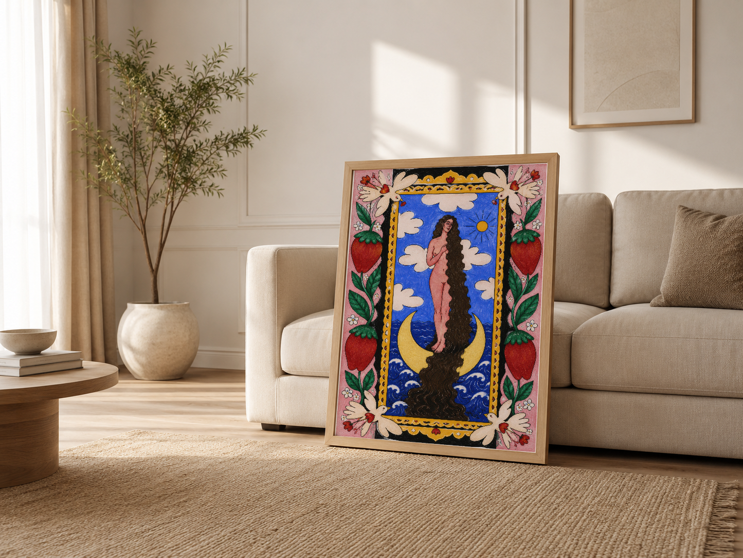 Modern oturma odasında, krem rengi kanepenin yanında çiçek ve ay temalı rengarenk sanat tablosu sergileniyor.
