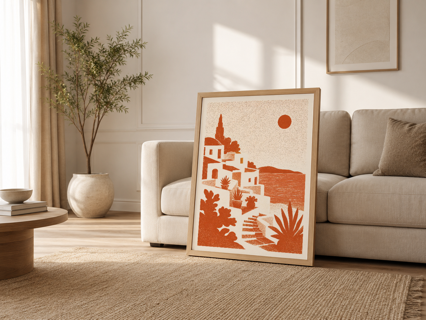 Krem tonlu oturma odasında ahşap çerçeveli tablo, kanepenin yanında minimalist dekora uygun şekilde konumlandırılmış sanat