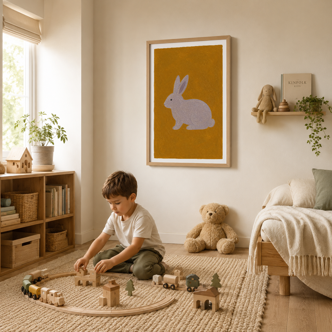 Çocuğun odasının duvarında, ahşap çerçeve içinde altın sarı fonda gri tavşan baskısı, minimalist dekorasyon.