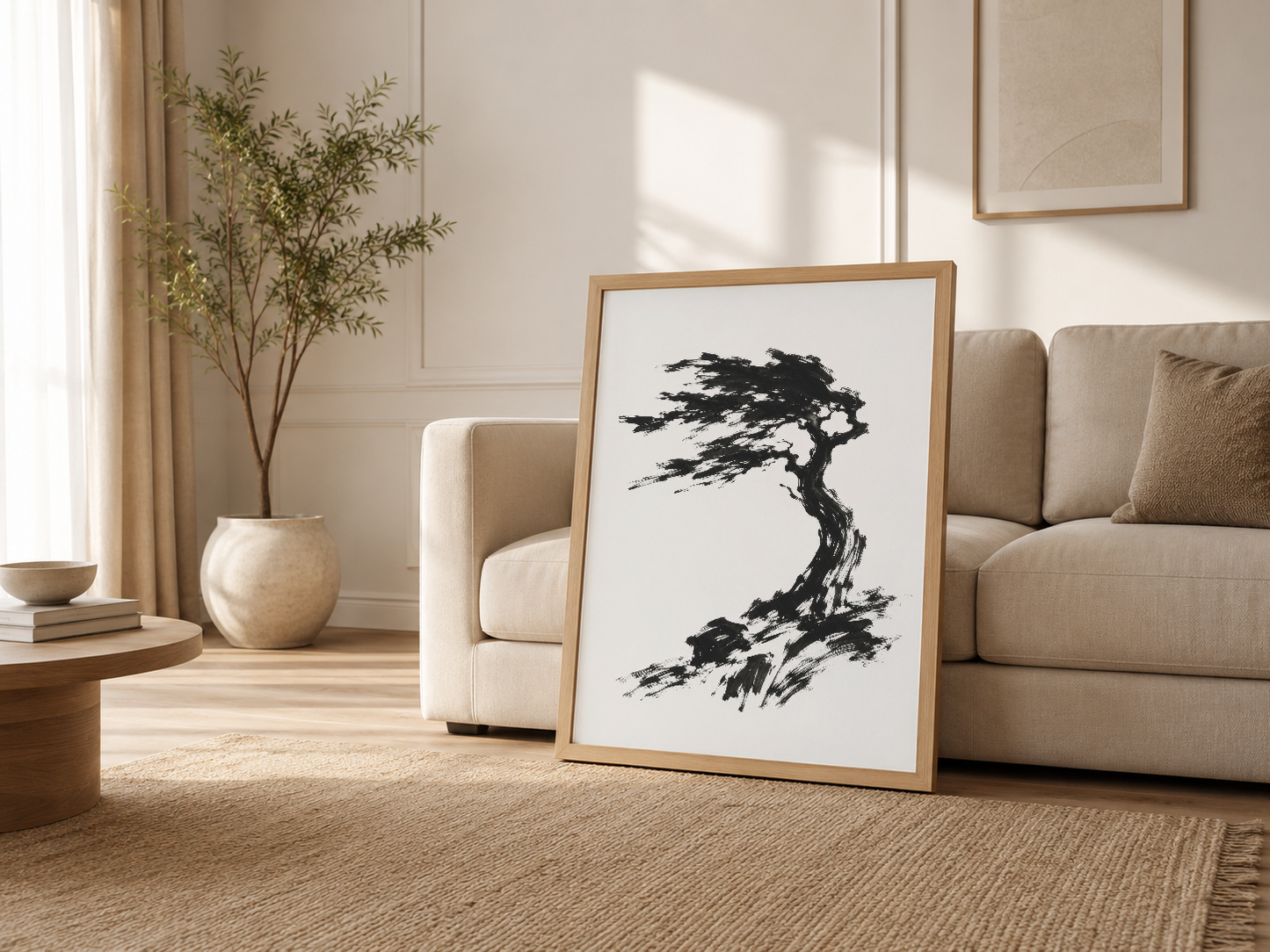 Akçaağaç çerçeveli ağaç poster, rahat oturma odasında, nötr renklerle uyumlu doğal sanat.