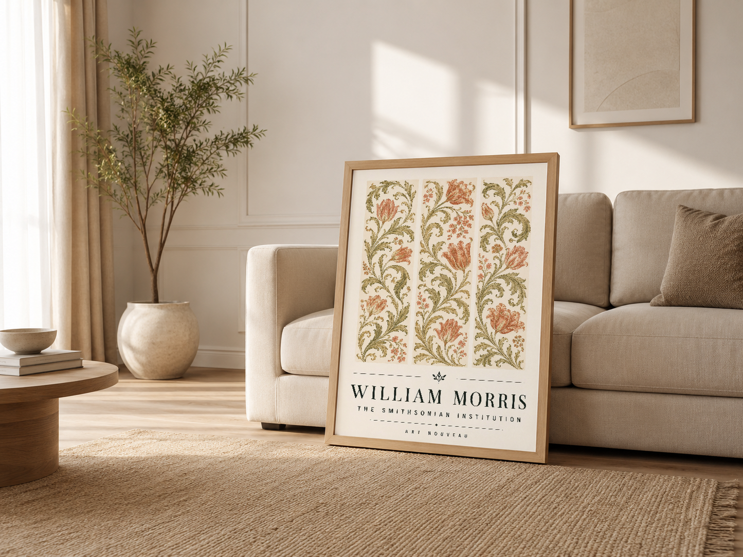 Modern oturma odasında, ahşap çerçeveli William Morris Art Nouveau tablosu kanepesi yanında sergileniyor.