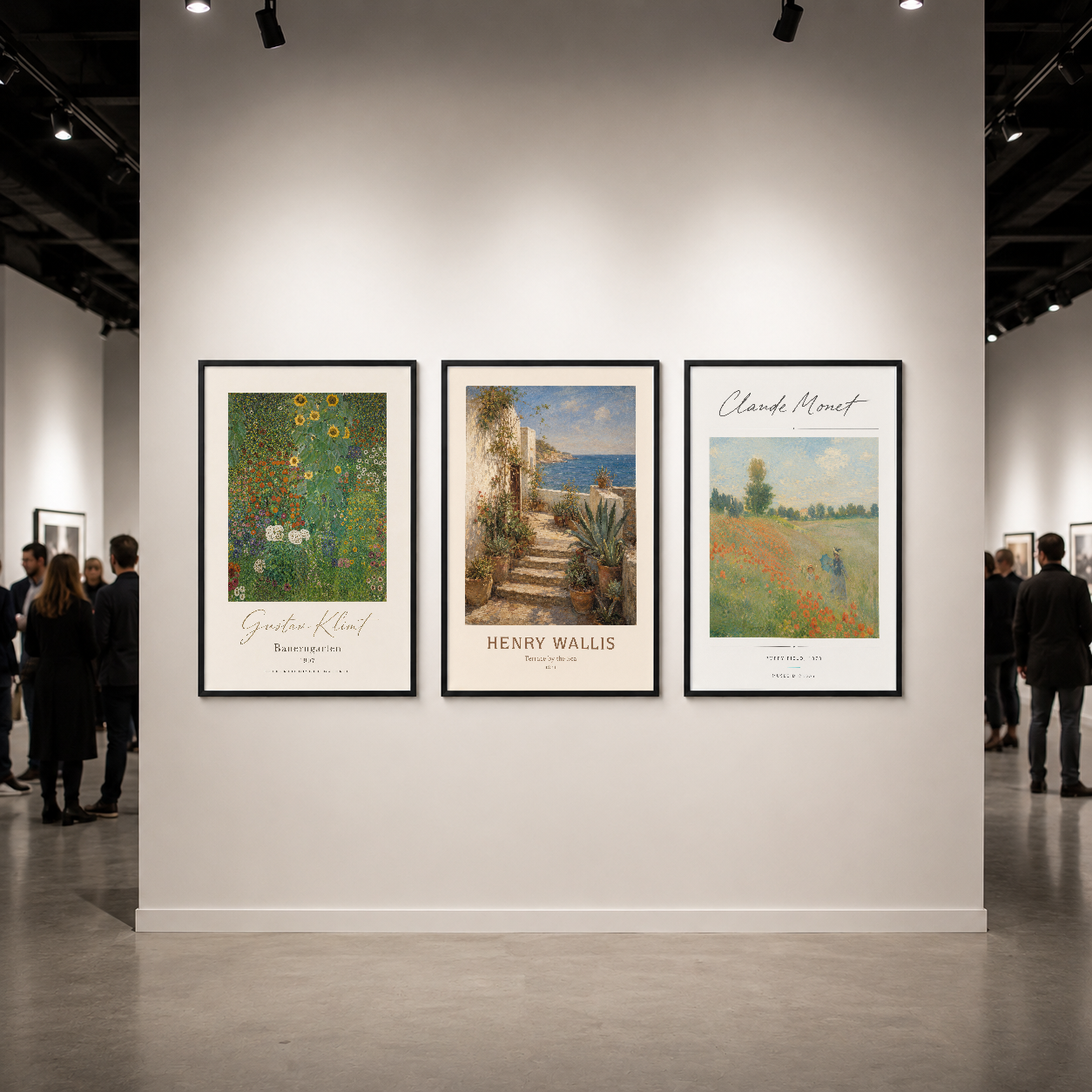 Galeri duvarında asılı siyah çerçeveli tablolar; Klimt'in Bauergarten'ı, Wallis'in deniz yolu ve Monet'nin gelincik