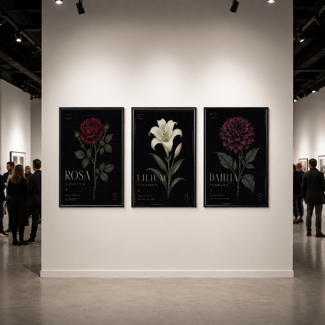 Galeriye asılmış üç parçalı çiçek tablosu, geniş beyaz duvar üzerinde sergilenen botanik poster seti, profesyonel sanat