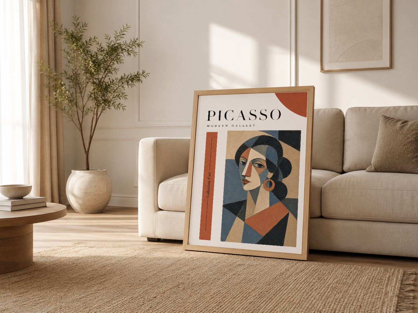 Nötr modern oturma odasında ahşap çerçeveli Picasso posteri, kanepe yanında sergileniyor