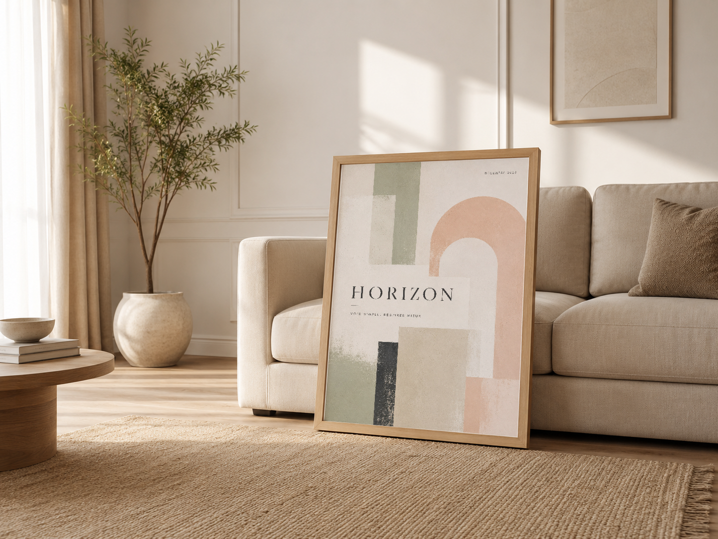Rahat oturma odasında kanepenin yanında Horizon tablosu, ahşap çerçevesiyle doğal ışıkta sakin renkleriyle modern konfor