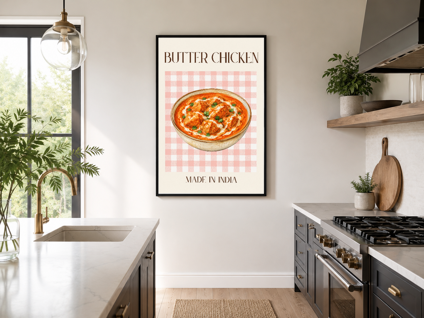 Modern siyah çerçeveli Butter Chicken tablosu, şık mutfak alanında gaz ocağı yanında görkemli görünüyor.