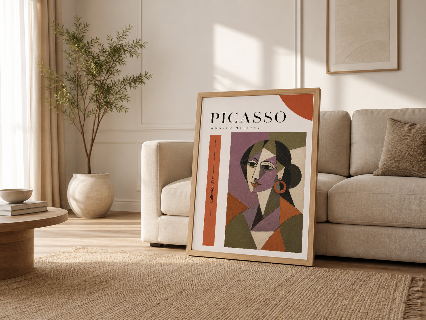 Modern oturma odasında, ahşap çerçeveli Picasso serisi duvar tablosu, kanepesi arka planında asılı.