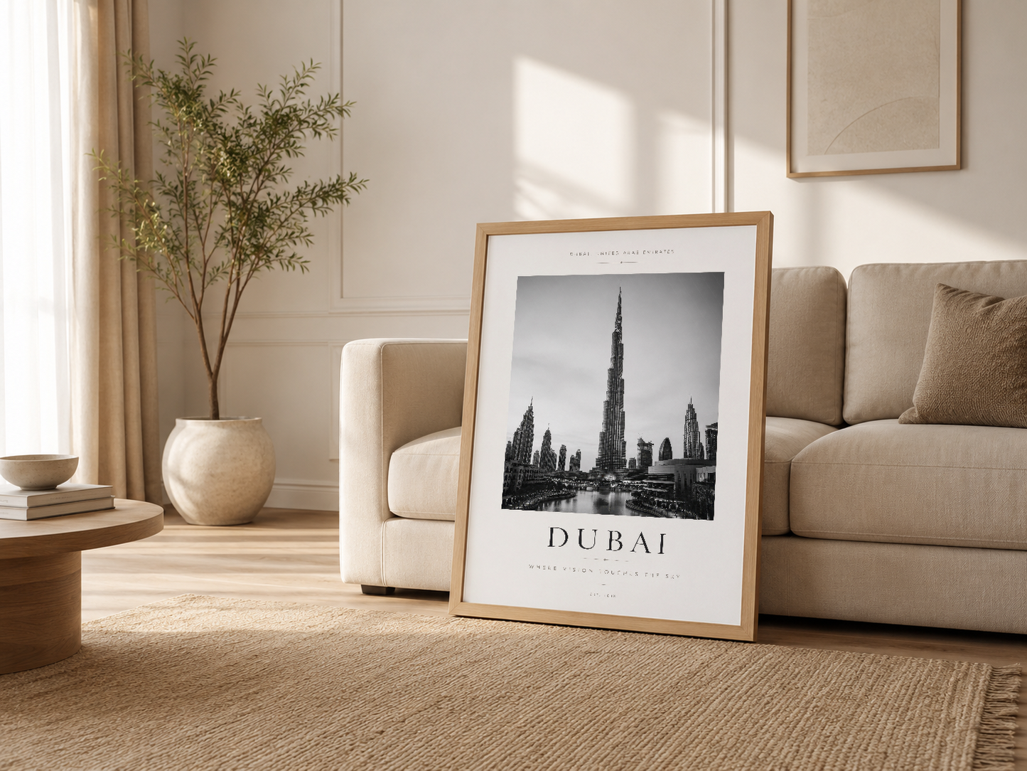 Açık oturma odasında kanepenin yanında Dubai skyline duvar tablosu dekorasyonu.