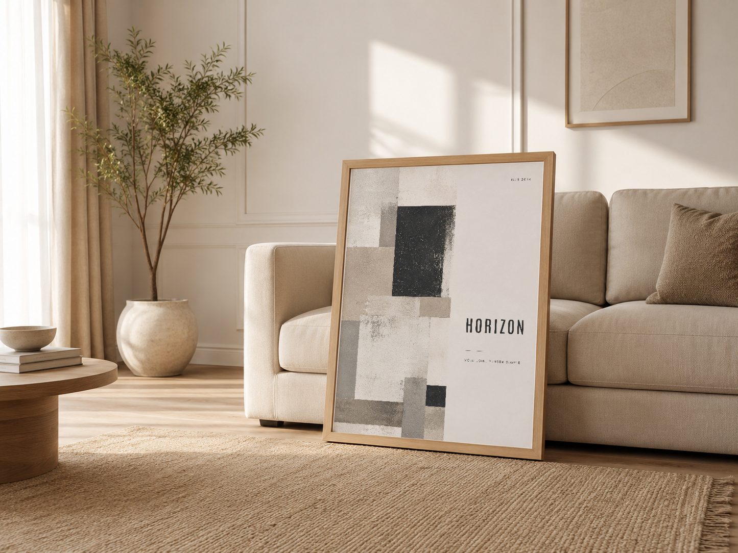 Aydınlık oturma odasında, ahşap çerçeveli Horizon poster kanepesinin yanında sergilenmekte.