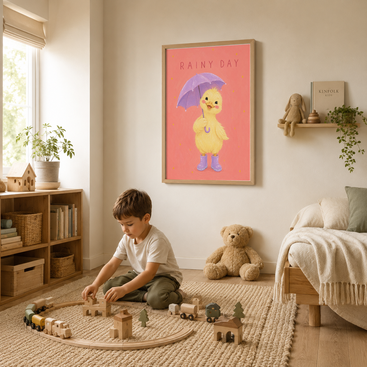 Çocuk yatak odasında ahşap çerçevede, kitap raflarının yanında Rainy Day ördek tablosu
