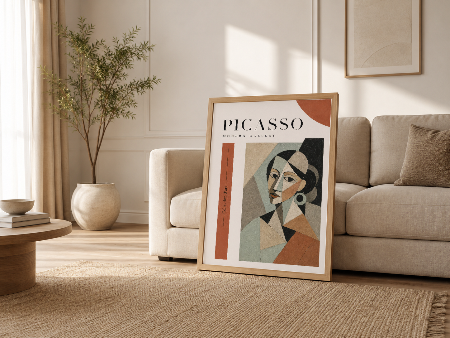 Oturma odasında ahşap çerçeveli Picasso tablosu, nötr mobilyalarla uyumlu sanatsal bir focal point oluşturur.
