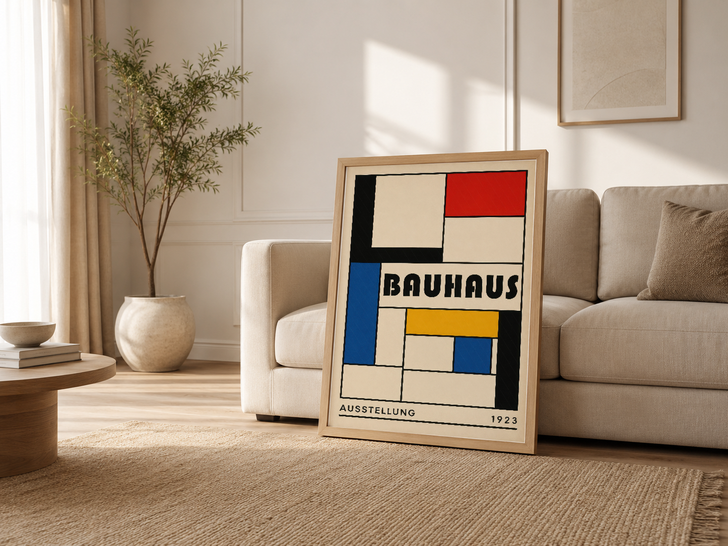 Minimalist oturma odasında, krem kanepesi yanında ahşap çerçeveli Bauhaus posterinin yer aldığı iç mekan dekorasyonu