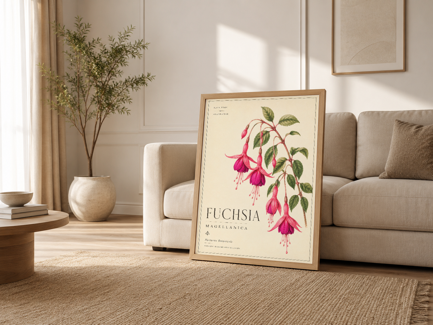 Salon dekorasyonunda kanepenin yanında ahşap çerçeveli fuchsia botanik poster, minimalist iç tasarım.