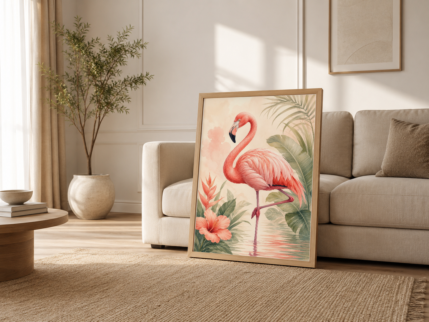 Oturma odasının kanepe yanında duran flamingo tablosu, minimalist dekorasyona tropikal güzellik ekliyor.