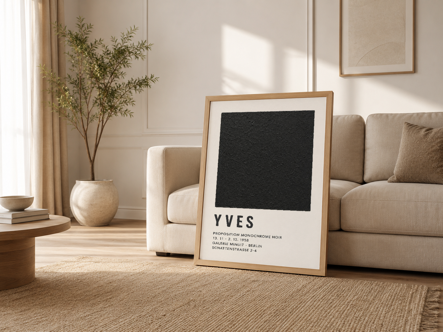 Açık oturma odasında, ahşap çerçeli Yves Klein tablosu kanepenin yanında durmakta.