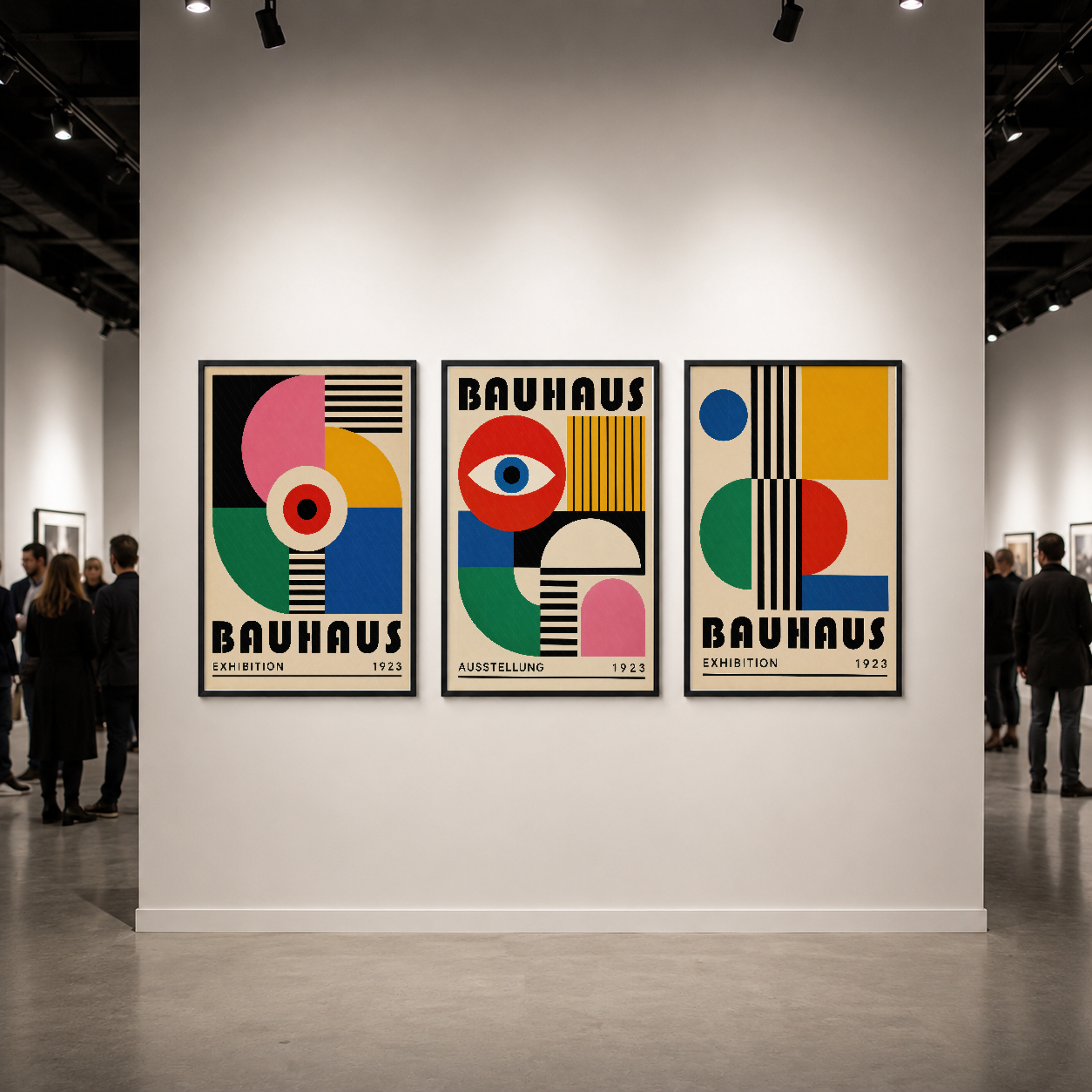 Modern galeri mekanında sergilenen çerçeveli Bauhaus triptik, geometrik sanatın muasır iç mekan tasarımıyla uyumu.