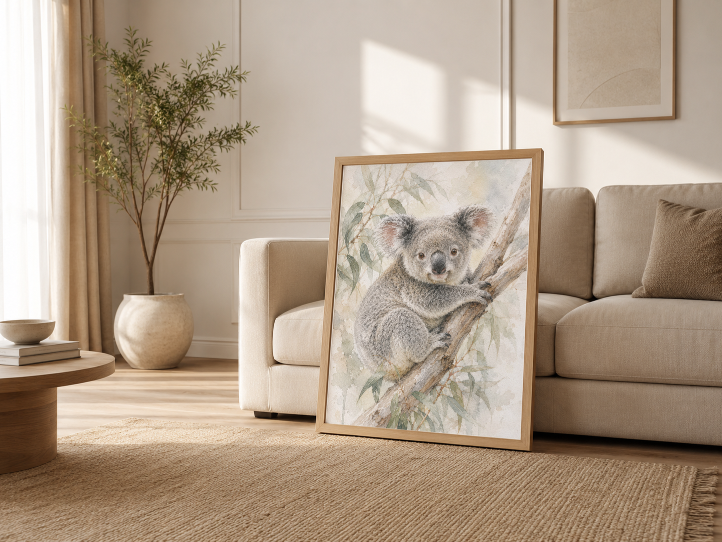Açık oturma odasında ahşap çerçeveli koala poster, nötr dekorasyona doğa dokunuşu katıyor.