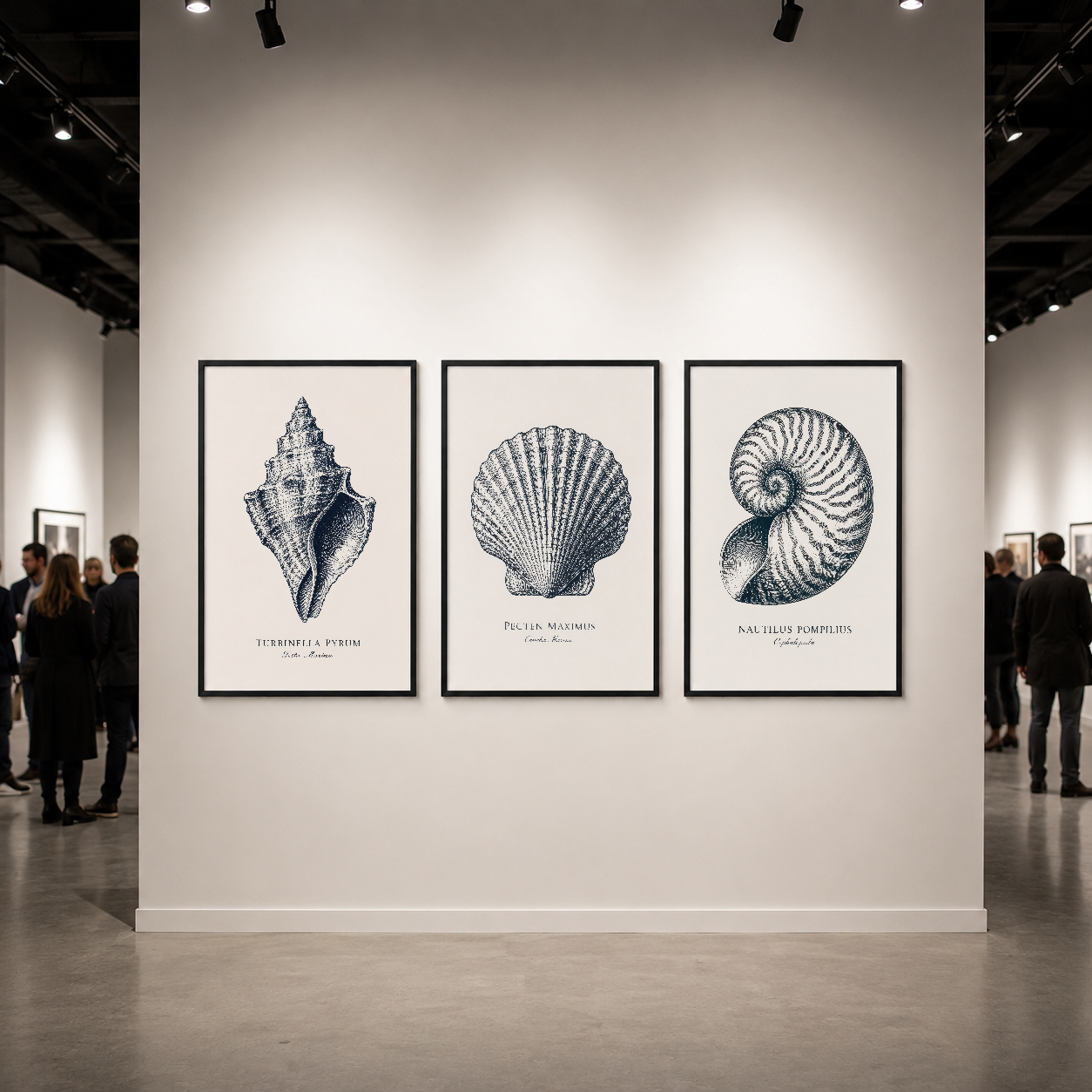 Modern galeri duvarında siyah çerçeveli deniz kabuğu sanat eserleri, profesyonel ve göz alıcı sergileme örneği.
