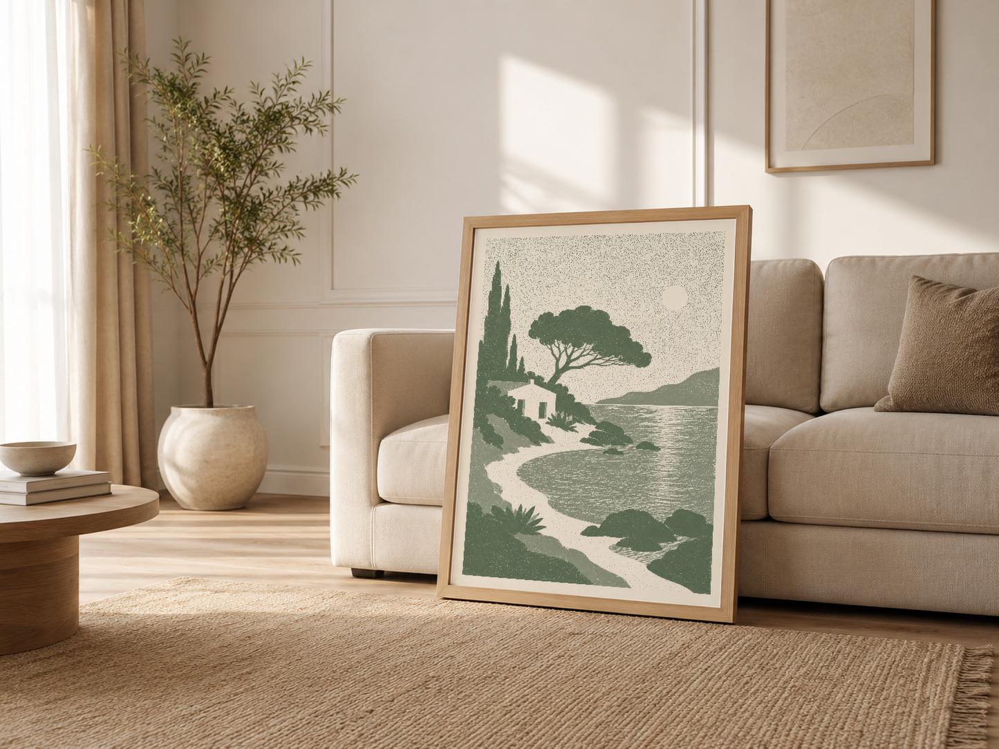 Krem renginde oturma odasında, ahşap çerçeveli Akdeniz sahil sahnesi tablosu, minimalist stil tamamlar.