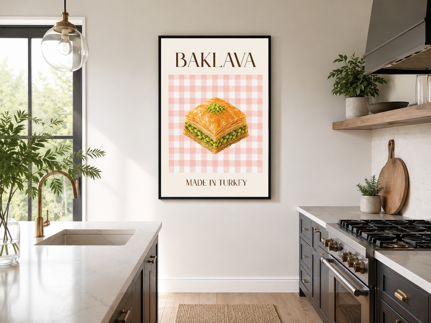 Siyah çerçeveli Baklava posteri modern mutfak duvarında, bitki ve cam detaylarla çevrili contemporary dekorasyon.