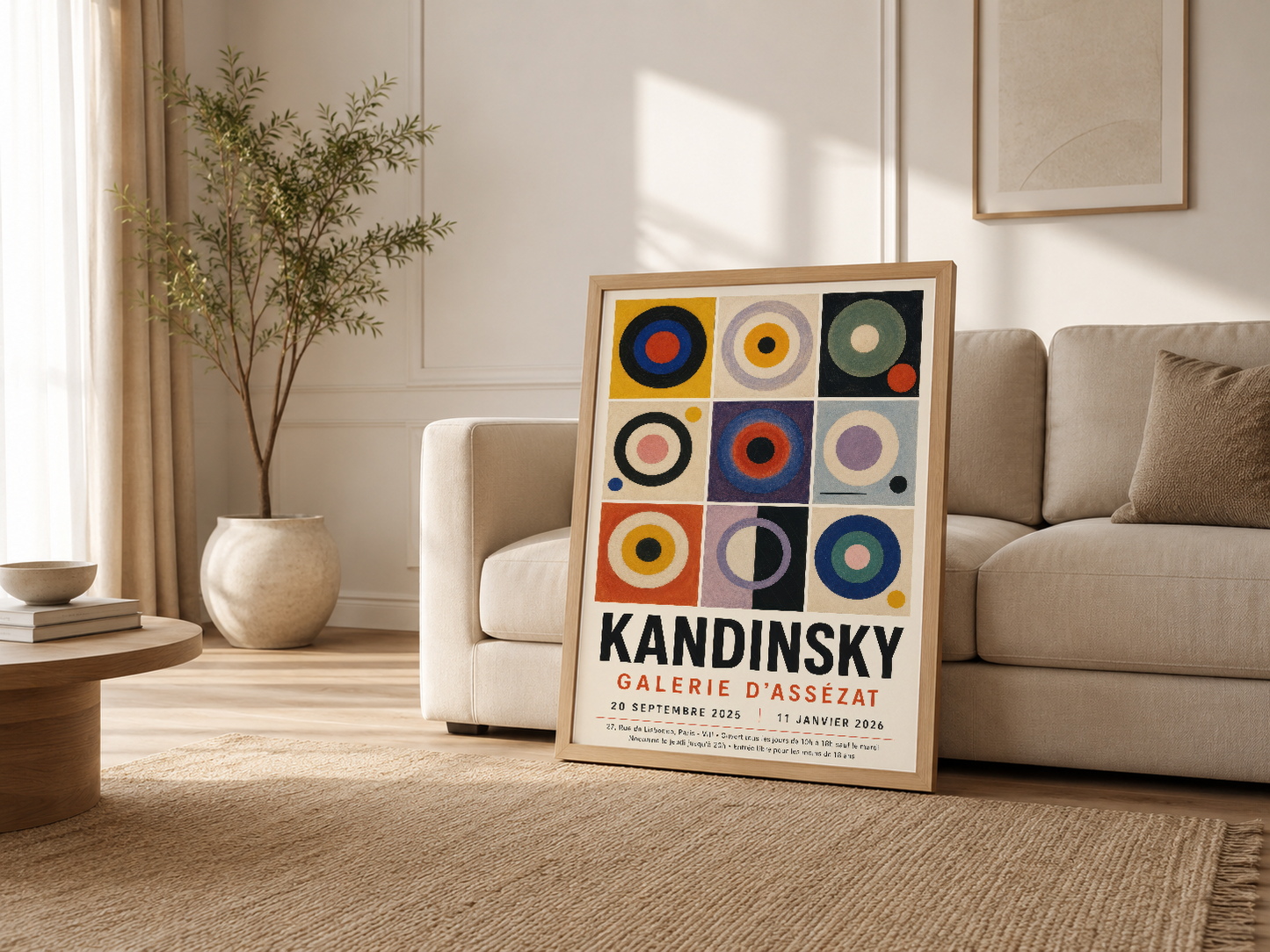 Modern oturma odasında ahşap çerçeveli Kandinsky posteri, kanepenin yanında misafirperver sanat dekorasyonu.