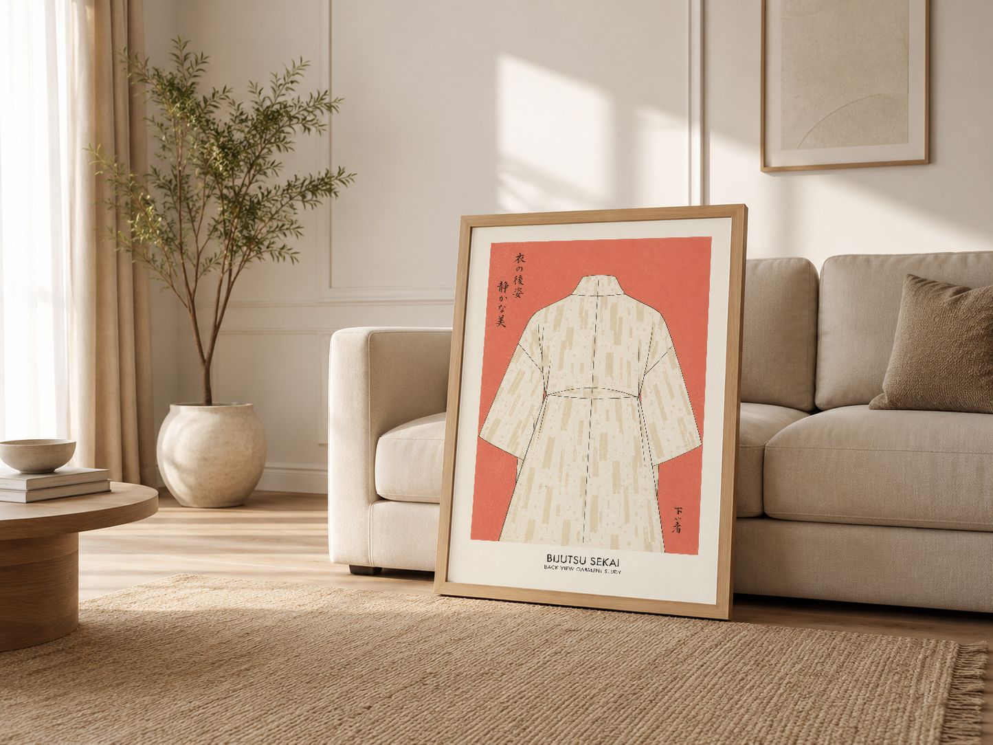 Salon dekorasyonunda, ahşap çerçeveli japon tasarım tablosu kanepe yanında yer alan modern sanat.