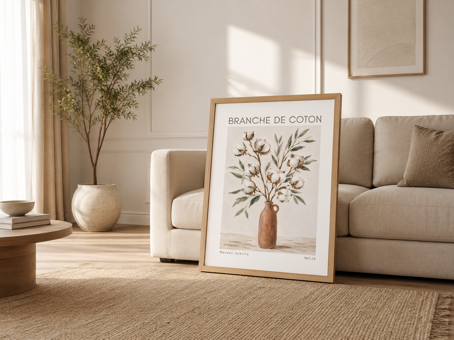 Krem tonlu oturma odasında ahşap çerçeveli botanical poster, gri kanepe yanında.