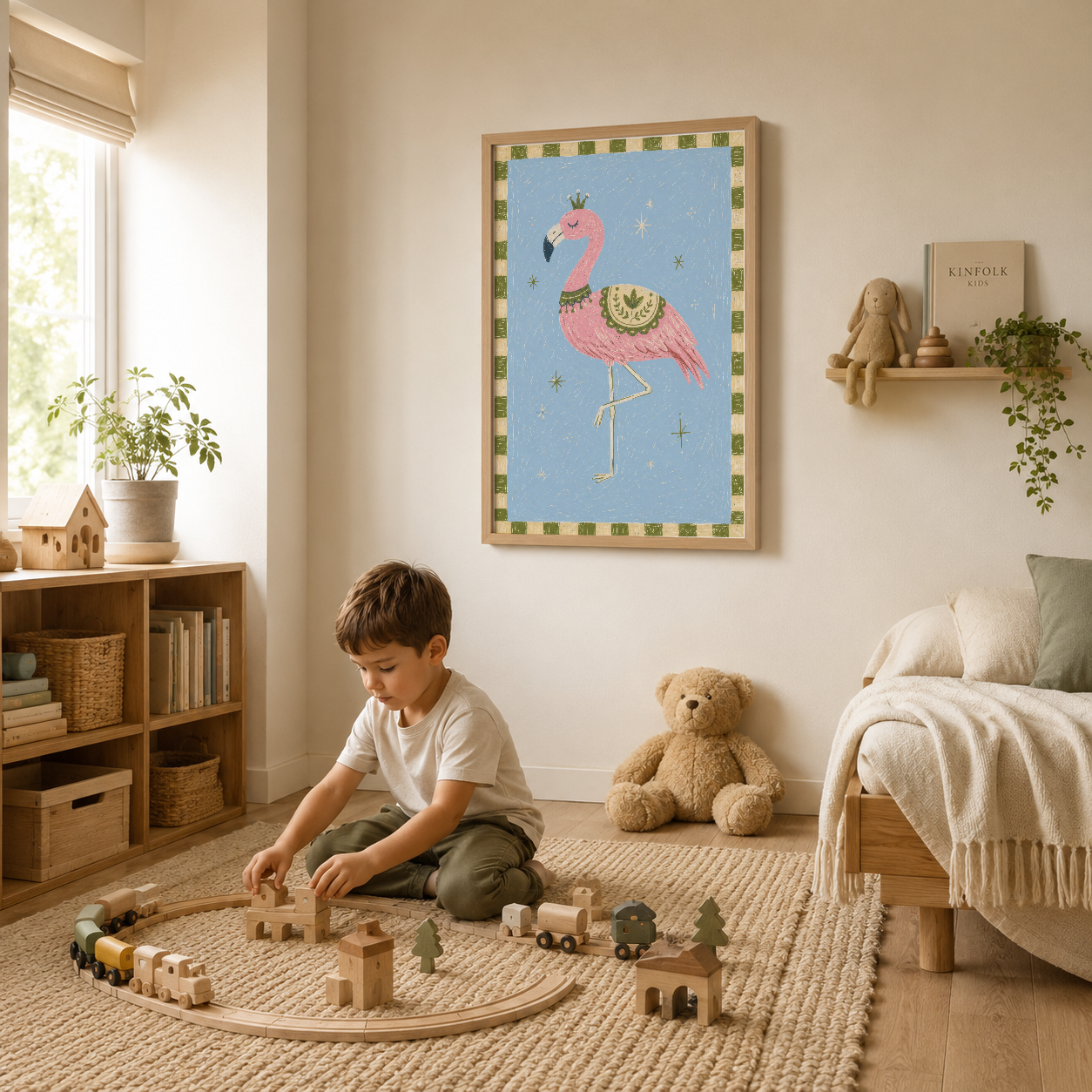 Çocuk yatak odasındaki ağaç çerçeveli pembe flamingo poster, oyunları ve kitaplarla hediyelik dekor ortamında.