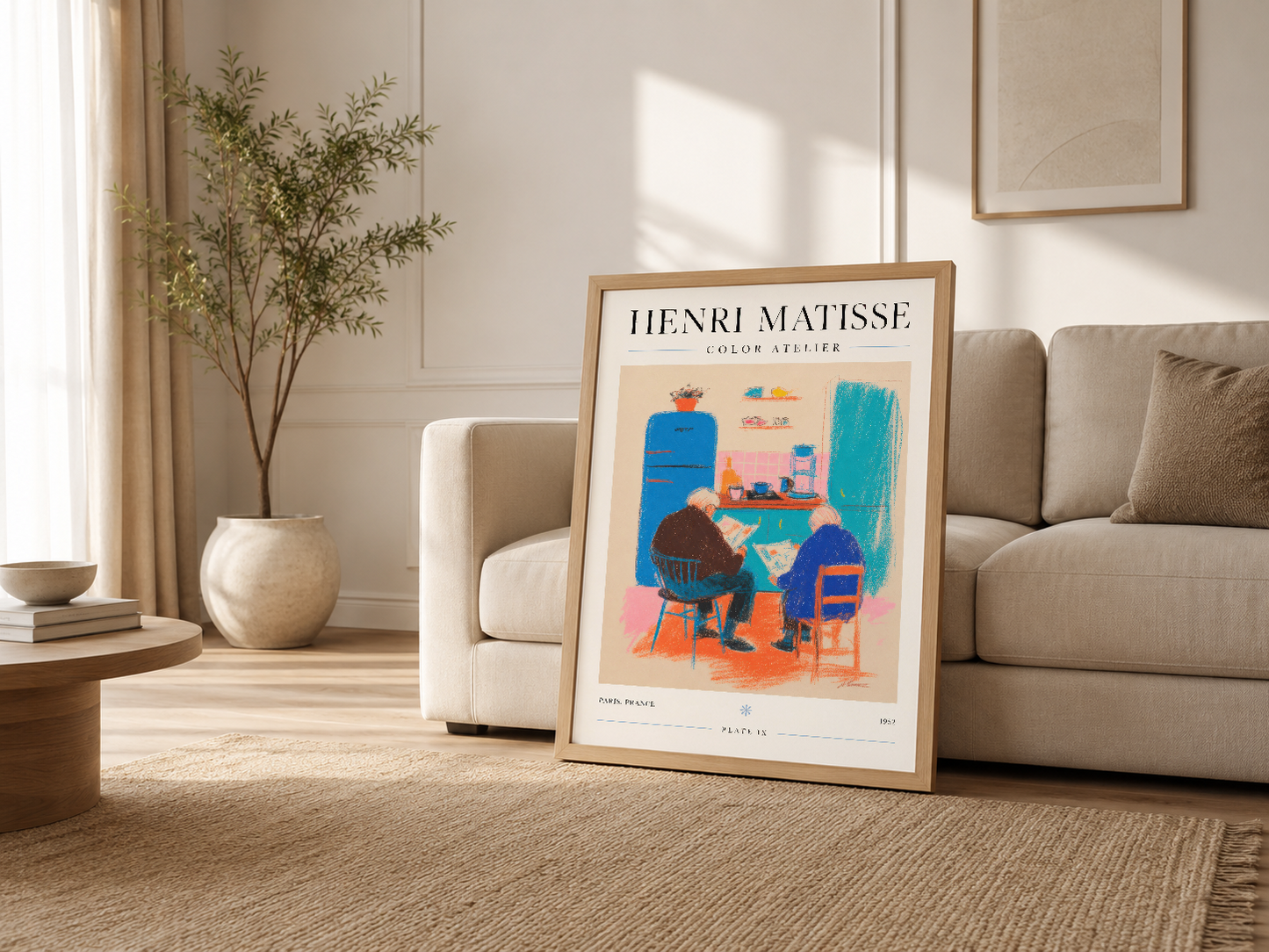 Modern oturma odasında ahşap çerçeli Matisse posteri, nötr tonlar arasında canlı renk vurgusu.