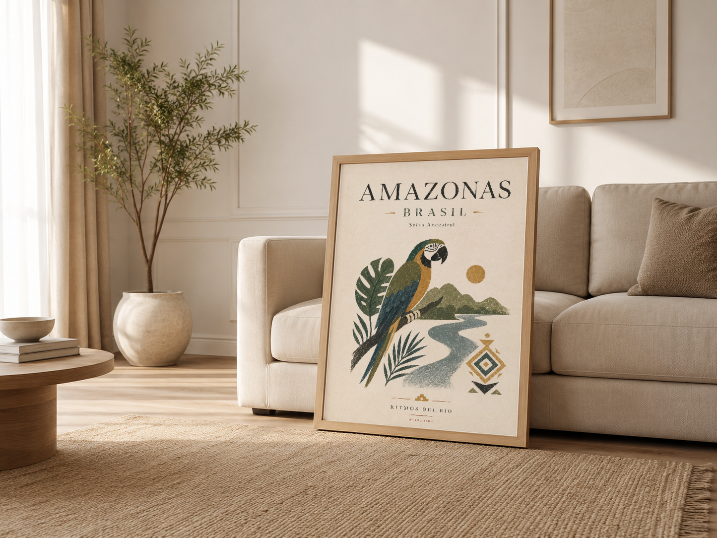 Modern oturma odasında kanepenin yanında, ahşap çerçeveli Amazonas Brasil posteri dekorasyonun yer aldığı görünüm.