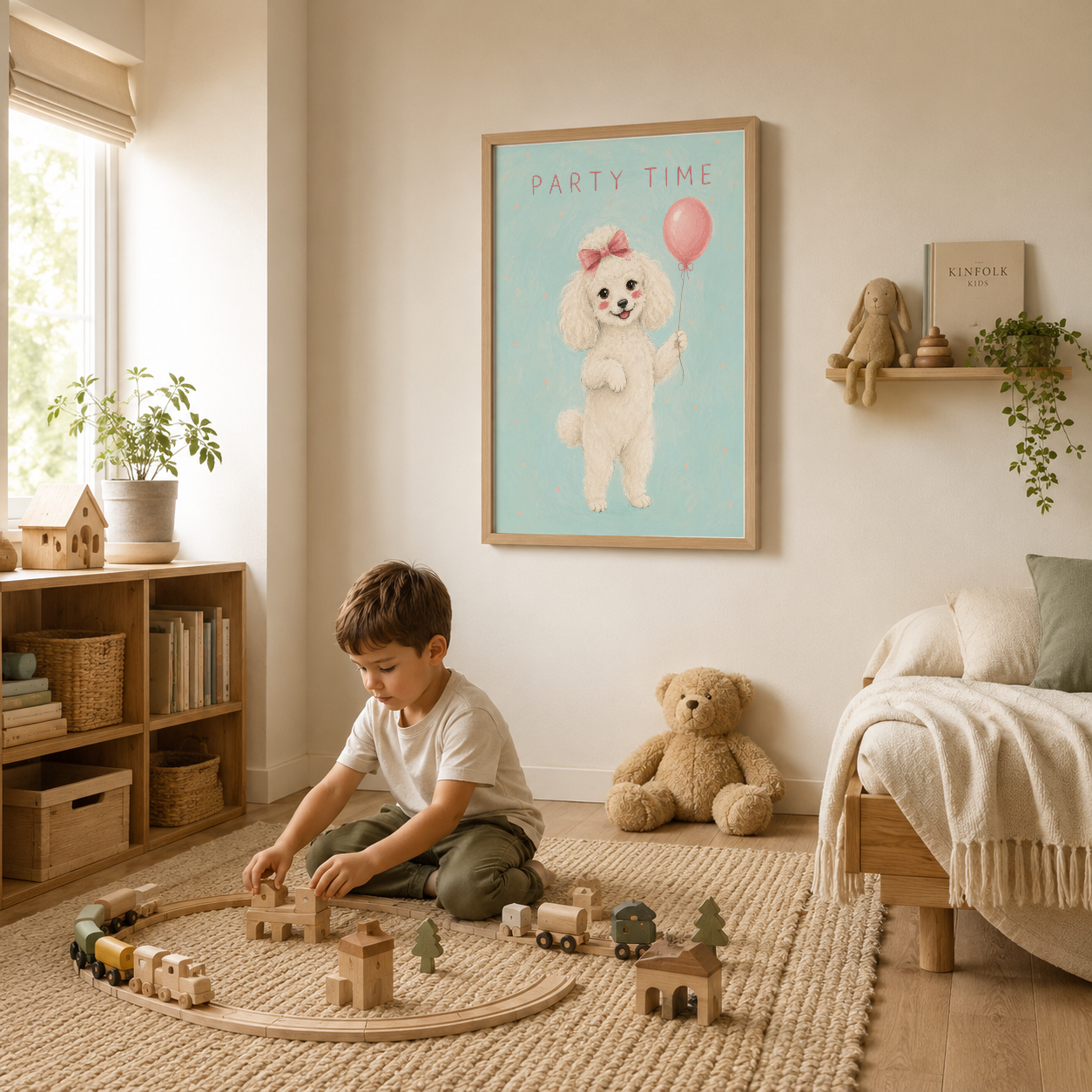 Yatak başında çerçeveli poster, çocuk odasının skandinav tarzı dekorasyonuna uyum sağlayan köpek sanatı.