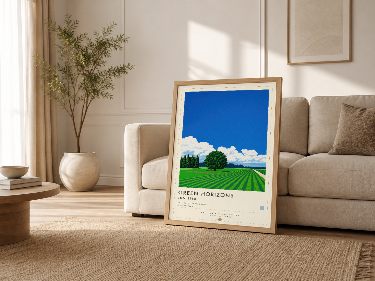 Açık ve nötr tonlu oturma odasında, ahşap çerçeveyle desteklenen Green Horizons posteri, kanepenin yanında cazip bir dekor
