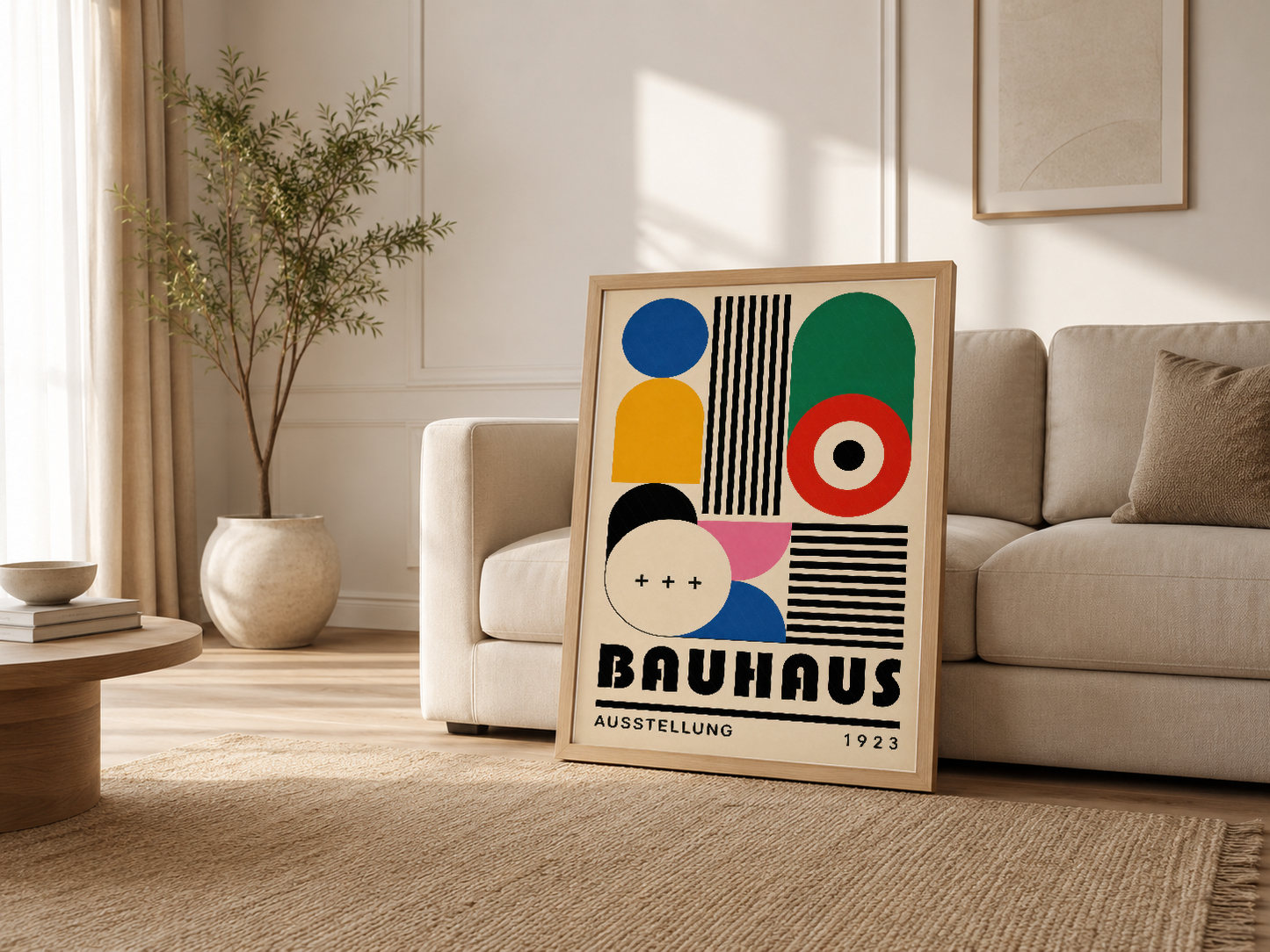 Oturma odasında kanepenin yanında, ahşap çerçeveli Bauhaus 1923 sanat tablosu, ışık alan tasarım.