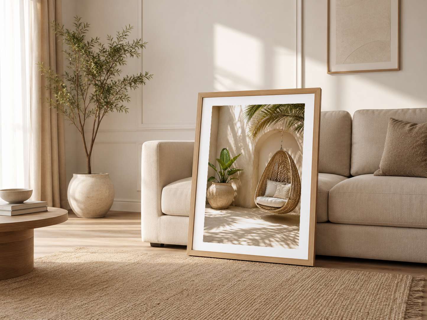 Modern oturma odasında, krem renkli kanepenin yanında sergilenen minimalist çerçeveli sanat tablosu.