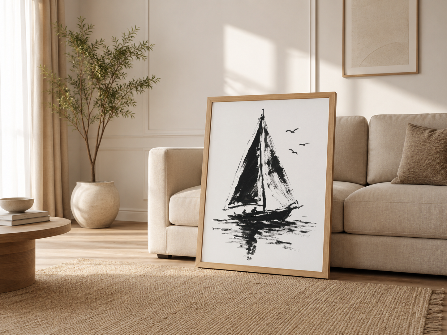 Krem rengi oturma odasında ahşap çerçeveli yelkenli teknesi tablosu, vintage ve modern tasarım harmonyası.