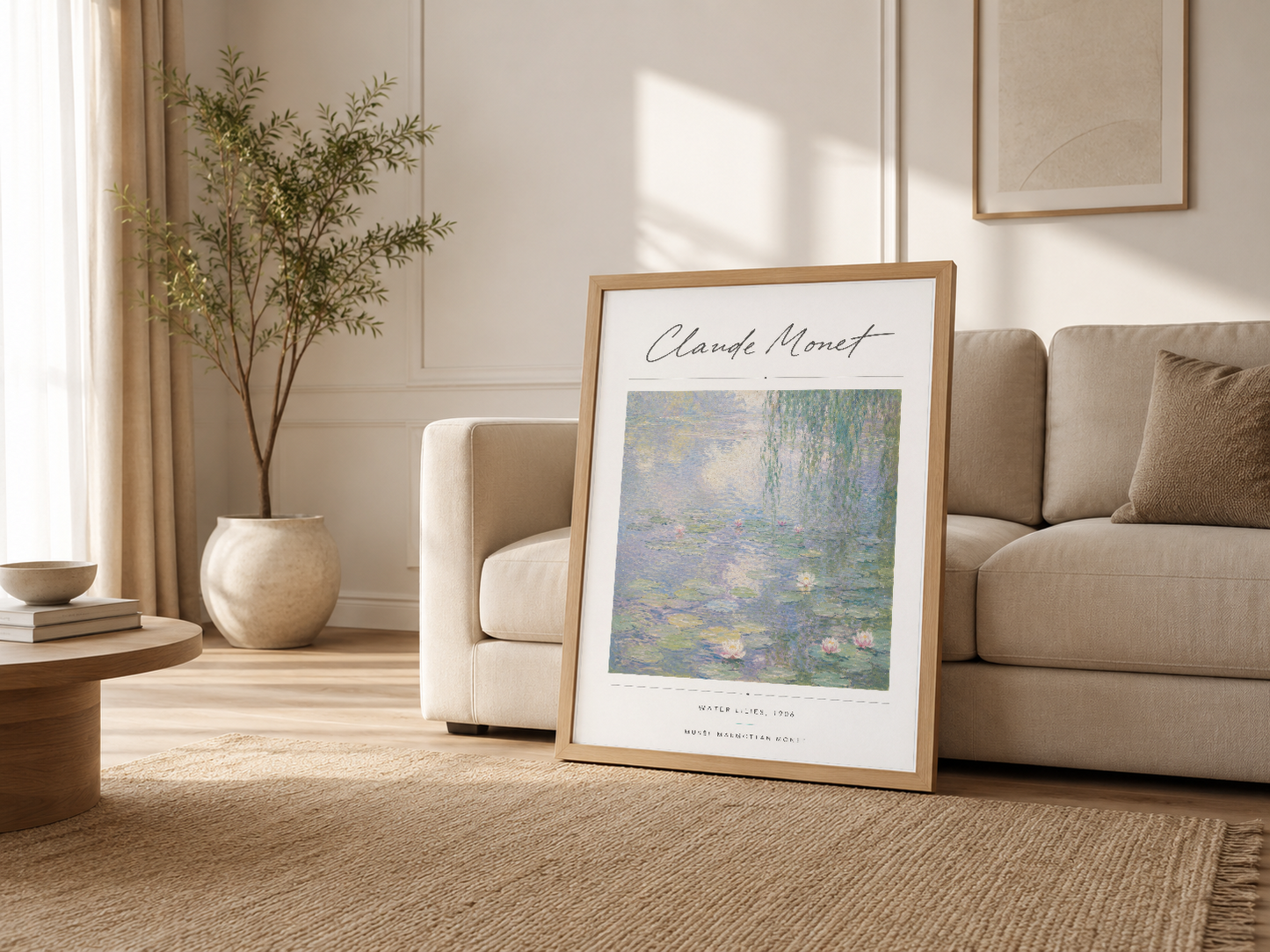 Krem tonlu modern oturma odasında, ahşap çerçeveli Monet tablosu kanapey yanında sanat vurgusu yapıyor.