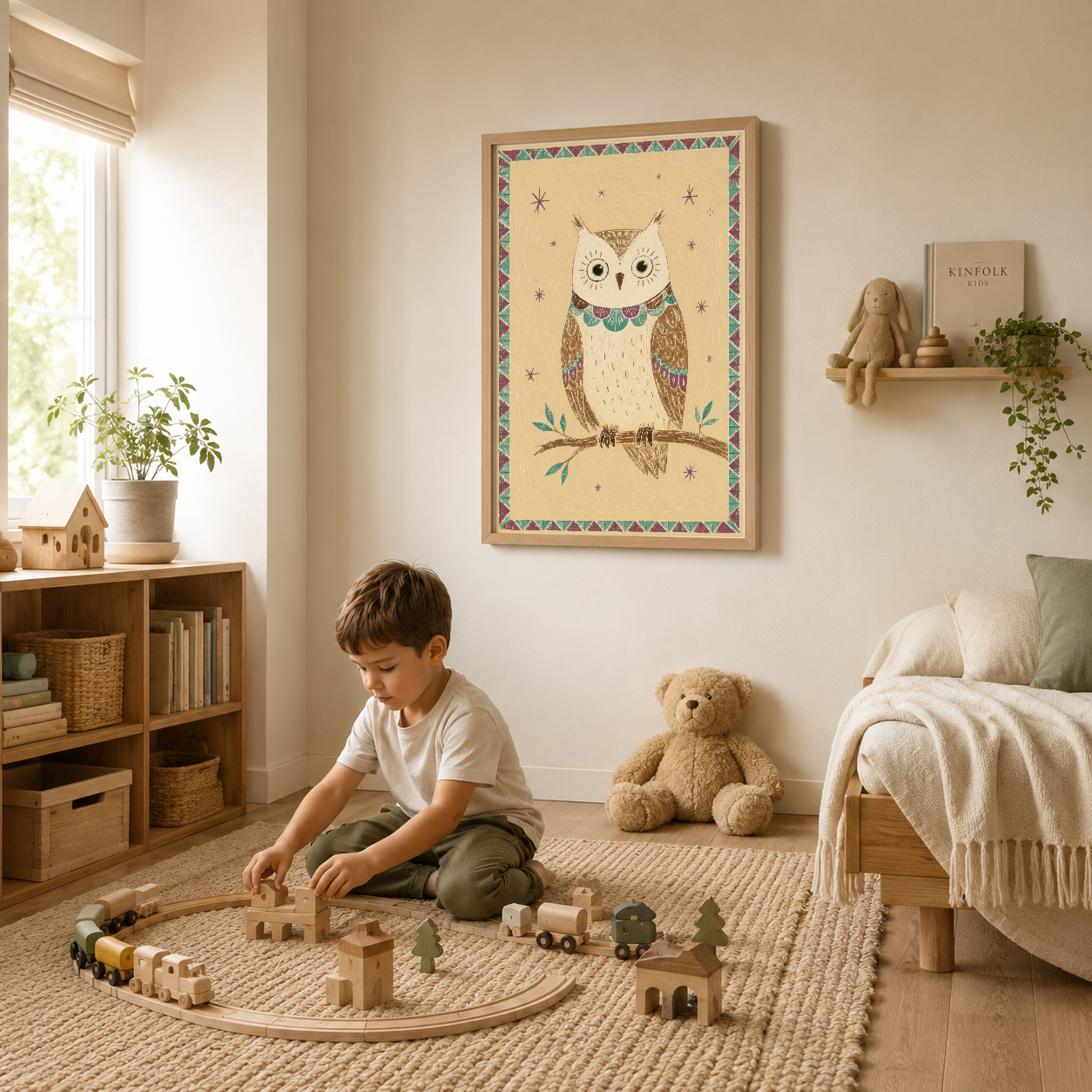 Çocuk yatak başında, ahşap çerçevelenmiş etnik baykuş tablosu, boho tarzı odaları tamamlayan sanat eseri.